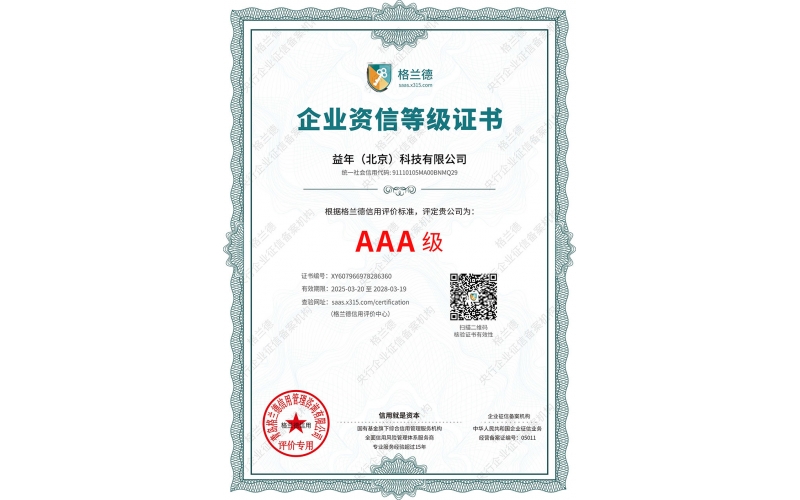 AAA資信等級證書
